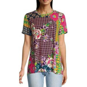 Johnny Was Maggie Crewneck Swing T-Shirt Multicolor Floral Patchwork Print XL